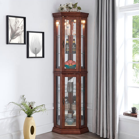 Corner Curio Cabinet With Lights, Adjustable Tempered Glass Shelves, Mirrored Back, Display Cabinet (E26 Light Bulb Not Included)