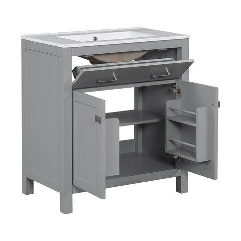 Bathroom Vanity With Ceramic Sink, Modern Single Bathroom Cabinet With 2 Doors And A Shelf, Soft Close Doors