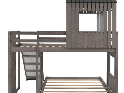 Loft Bunk Bed With Playhouse, Farmhouse, Ladder, Slide And Guardrails