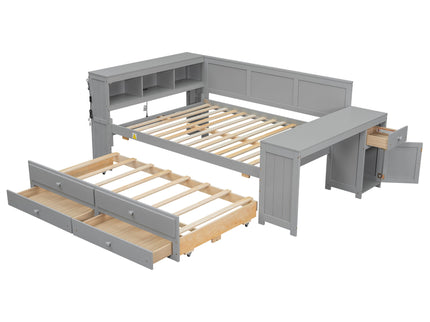 Daybed With Storage Shelves, Drawers, Trundle, Charging Station, LED Light, Desk And Cabinet