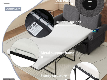 Pull Out Sofa Bed Loveseat Sleeper With Twin Size Memory Mattress With Two USB Ports For Living Room Spaces
