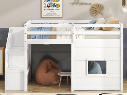 Loft Bed With Storage Staircase, Window & LED Light