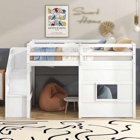 Loft Bed With Storage Staircase, Window & LED Light