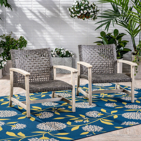 Outdoor Club Chair With Rattan Cover And Acacia Wood Frame - Gray