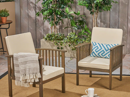 Casa Acacia Wood Club Chairs (Set of 2) With Water Resistant Cushions - Gray / Cream