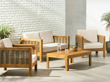 Outdoor 4 Seater Acacia Wood Chat Set With Wicker Accents And Cushions - Teak / Mixed Brown / Beige