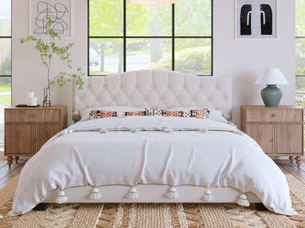 King Upholstered Platform Bed With Curved Adjustable Headboard And Diamond Tufted Details, No Box Spring Needed - Beige