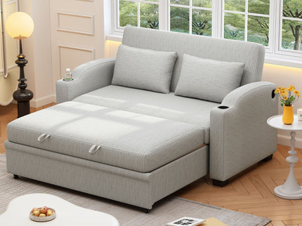 Pull Out Loveseat Sofa With Adjsutable Backrest, 2 Pillows, Cup Holders, USB Ports For Living Room