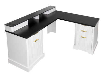 Fluted L-Shaped Desk With Charging Station & Storage Cabinet