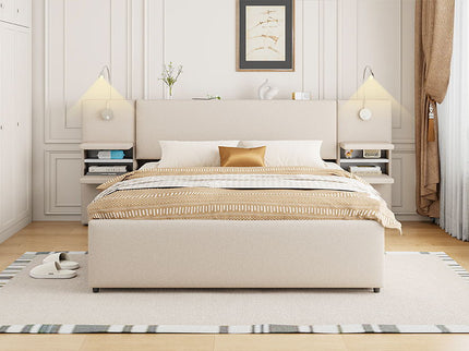Upholstered Platform Bed With Reading Lights, Drawers, Trundle And Shelves