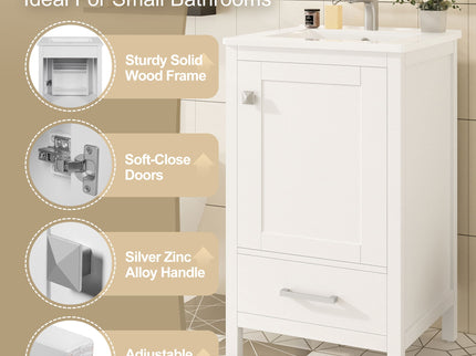 Bathroom Vanity With Ceramic Sink, Soft Close Drawers, Door Organizer, Divider Drawer, Adjustable Foot Pads