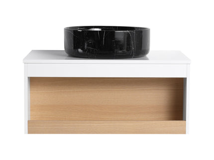 Floating Bathroom Vanity With Vessel Sink With Open Shelf Storage