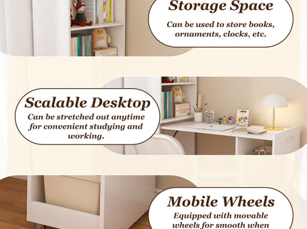 Stretchable Office Desk With Storage Shelves And Mobile Wheels