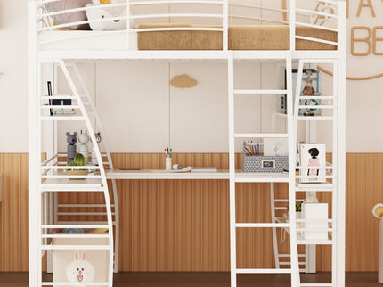Loft Bed With 4 Layers Of Shelves And L-Shaped Desk, Stylish Metal Frame Bed With A Set Of Sockets, USB Ports And And Wireless Charging