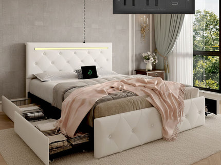 Upholstered Bed Frame With LED Lights, 4 Storage Drawers, Charging Station