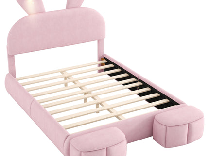 Full Upholstered Platform Bed With Cartoon Ears Headboard And LED Light - Pink