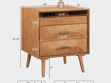 Nightstand With Charging Station, 2 Drawers And Open Shelf, USB / Type C Ports