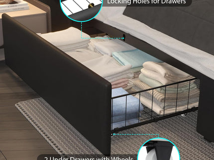 Wingback Upholstered Bed Frame With LED Lights, Charging Station