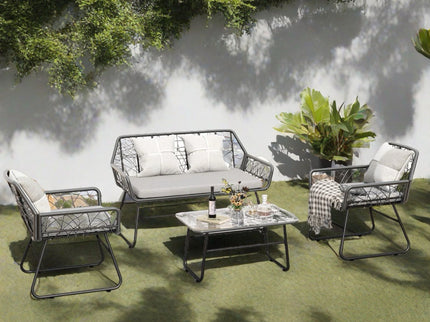 4 Piece Wicker Patio Furniture Set With Tempered Glass Table And Detachable Cushions