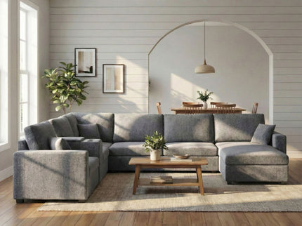Modular 5 Seat U-Shape Sectional Sofa With Chaise Lounge, Built In Cup Holders And Storage Drawer