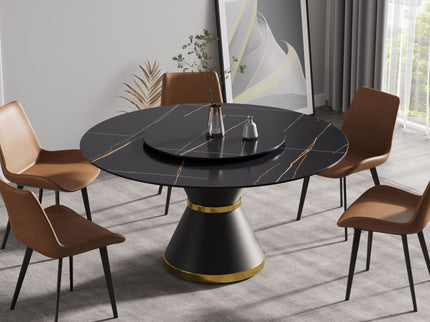 Modern Artificial Stone Round Carbon Steel Base Dining Table, Can Accommodate 6 People Artificial Stone Turntable - Black