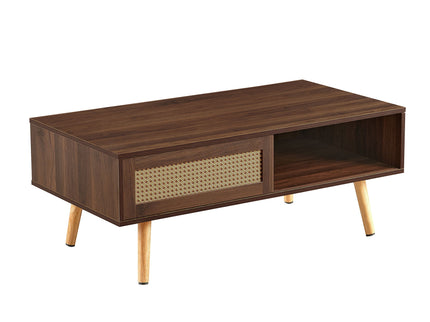 41.34" Rattan Coffee Table, Sliding Door For Storage, Solid Wood Legs, Modern Table For Living Room