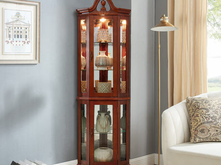 Corner Curio Cabinet With Lights, Adjustable Tempered Glass Shelves, Display Cabinet (E26 Light Bulb Not Included) - Mirrored / Walnut