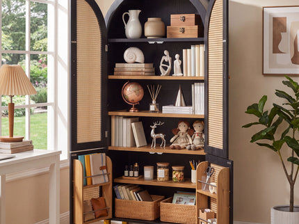 Tall Arched Cabinet With Rattan Doors & Adjustable Shelves