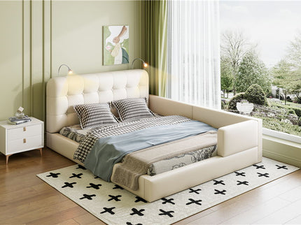 Queen Size Upholstered Platform Bed With 2 Reading Lights - White