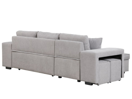 Modern L-Shape 3 Seat Reversible Sectional Couch, Pull Out Sleeper Sofa With Storage Chaise And 2 Stools For Living Room Furniture Set