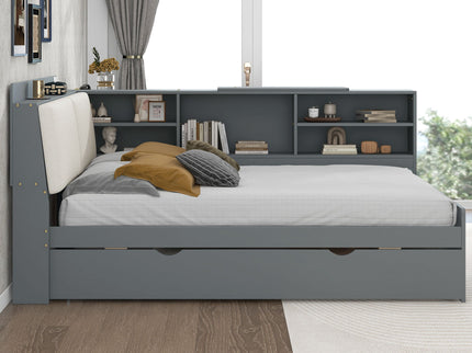 Platform Bed With Trundle, Shelves, And Storage Headboard