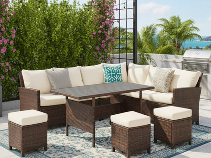 7 Piece Patio Dining Set With Cushions, Modular Sectional Sofa & Storage Table