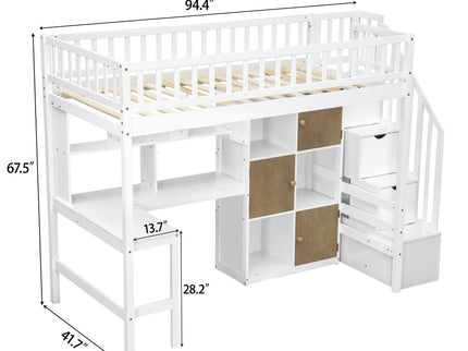 Loft Bed With Built In L Shaped Desk, LED Lights, Storage Shelves, Cabinets, And Staircase