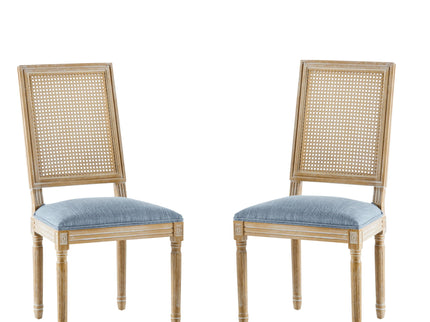 French Country Dining Chair With Rectangular Cane Backrest And Smooth Upholstered Seating