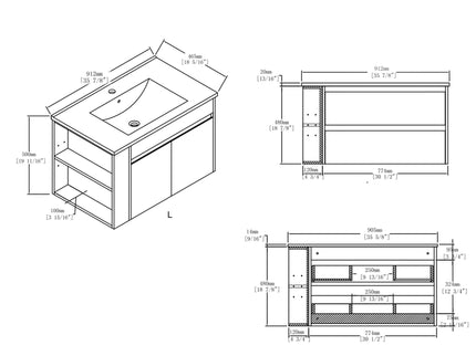 Floating Bathroom Vanity Cabinet, Soft Close Double Drawers, Open Side Storage, Wall Mounted, Cabinet Only