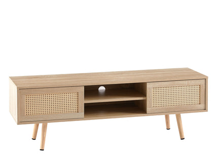 55.12" Rattan TV Cabinet, Double Sliding Doors For Storage, Adjustable Shelf, Solid Wood Legs, TV Console For Living Room