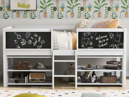 Low Loft Bed With Movable Shelves And Ladder, Decorative Chalkboard Guardrail
