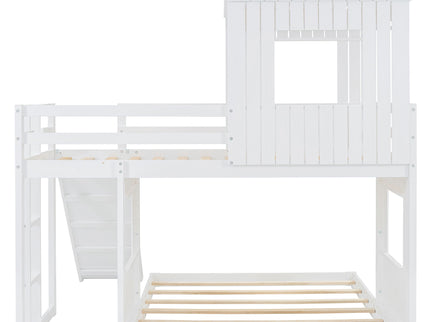 Loft Bunk Bed With Playhouse, Farmhouse, Ladder, Slide And Guardrails