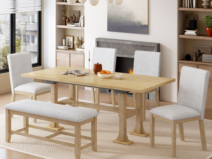 Topmax - 6 Piece Farmhouse Extendable Dining Table Set Trestle Kitchen Table Set With Removable Leaf And Upholstered Dining Chair And Bench For Dining Room