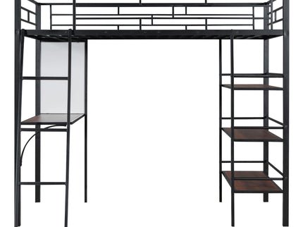 Loft Metal Bed With 3 Layers Of Shelves And Desk, Stylish Metal Frame Bed With board