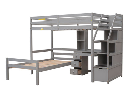 Loft Bed With Stand Alone Bed, Storage Staircase, Desk, Shelves, And Drawers