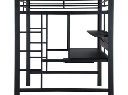 Ranier - Full Workstation Loft Bed, Full Length Desk, Safety Rails And Storage Shelves - Black