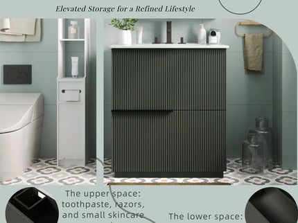 Fluted Bathroom Vanity With Ceramic Sink, Soft Close Slides