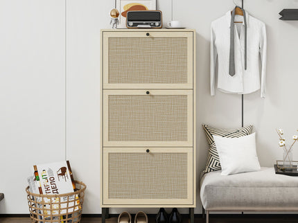 Modern Rattan 3 Door Shoe Rack Cabinet For Entryway