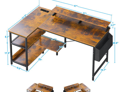 L-Shaped Gaming Desk With Power Outlets, Monitor Stand & Storage Shelves, Reversible Corner Workstation - Black / Brown