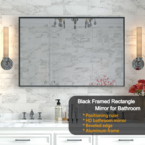 40X30" Glossy Bathroom Mirrors For Wall Rectangle Vanity Mirror Corner Hangs Farmhouse Mirror Modern Metal Framed Rectangular Mirror, Decorative Square Corner Mirror (Horizontal & Vertical) - Black