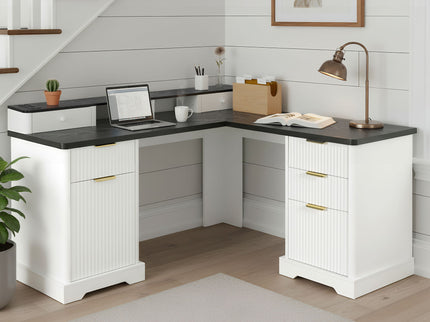 Fluted L-Shaped Desk With Charging Station & Storage Cabinet