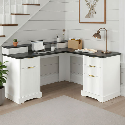 Fluted L-Shaped Desk With Charging Station & Storage Cabinet