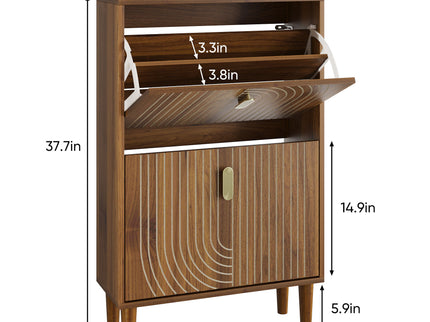 Modern Minimalist Shoe Storage Cabinet With 2 Flip Drawers And Metal Handles - Brown