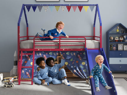 Jack - House Loft Bed With Slide And Curtain Set